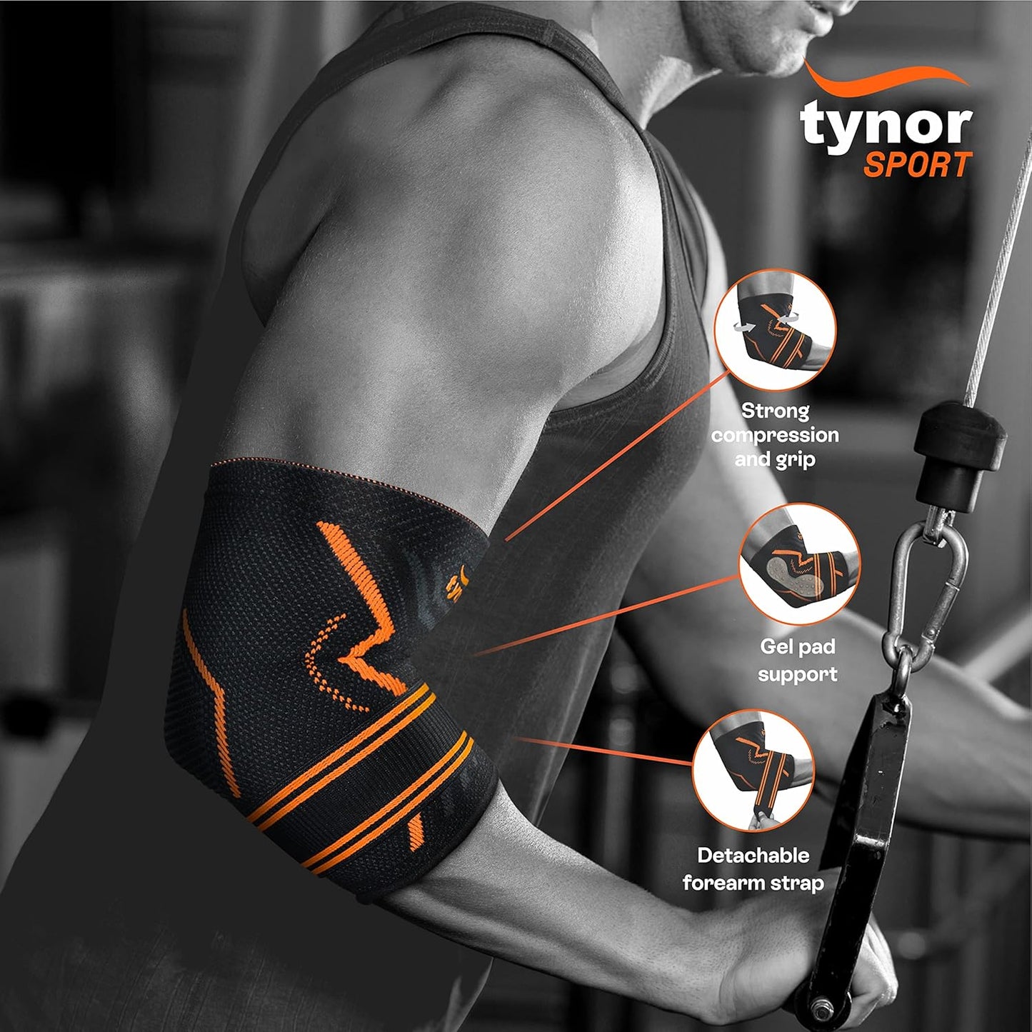 TYNOR Elbow Support Air Pro, for Sports, Gym, Running & Workout | Provide Stability & Pain Relies for Men & Women | Pack of 1 (Black & Orange, Large)